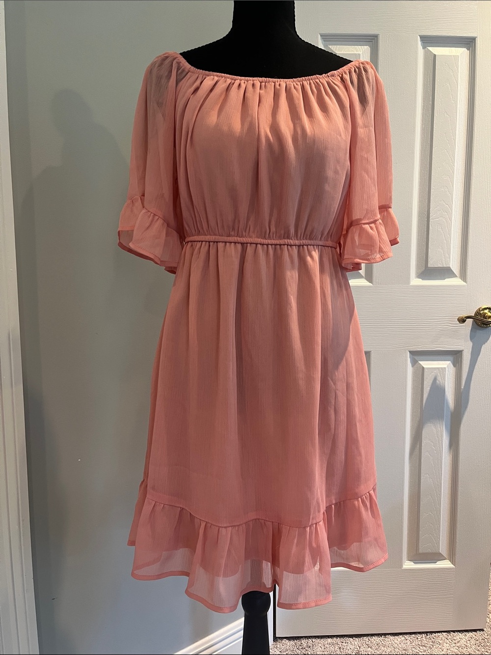 Peach Off-Shoulder Midi Dress with Ruffle Hem